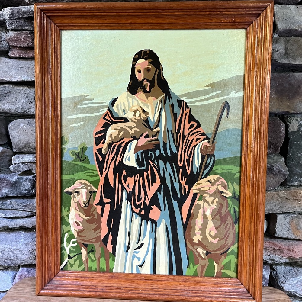 VTG Jesus Paint by Numbers Shepherd Sheep  Christian Art Religious Painting Boho